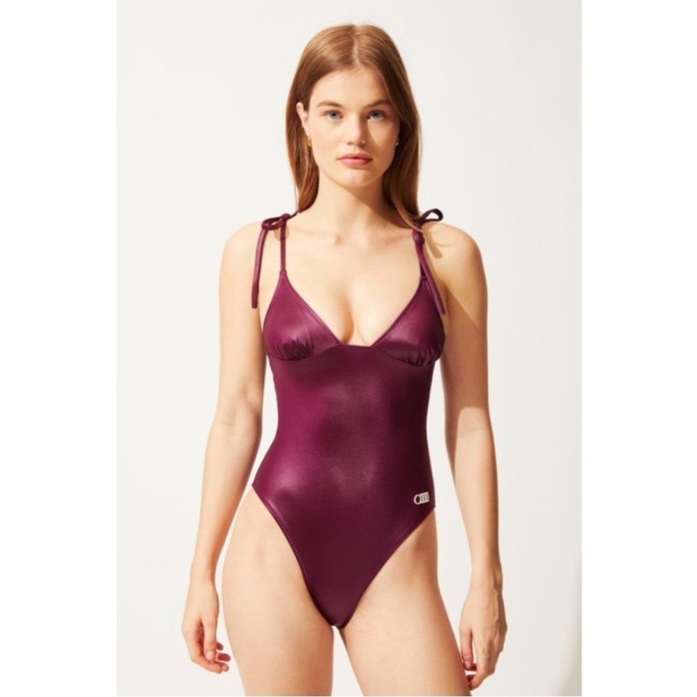 Solid & Striped The Olympia Metallic Burgundy Purple One Piece Tie Swimsuit - XS